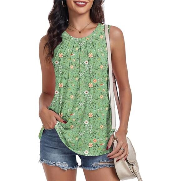 Women's Floral Green Summer Tank Tops Pleated Round Neck Sleeveless‎ Tops - Picture 3 of 4